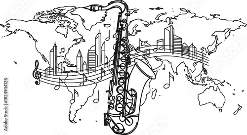 Vintage saxophone perched atop a stylized world map illustration