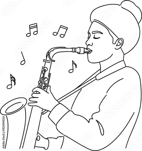 A musician passionately playing a saxophone in a relaxed setting with sheet music nearby