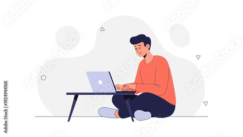Young man working on laptop computer while sitting on floor, modern flat illustration