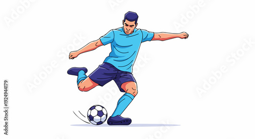 Illustration of a soccer player kicking a ball with his right foot in mid-action on a plain white background.