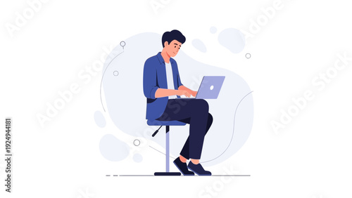 Young man working on laptop computer, remote work, modern illustration