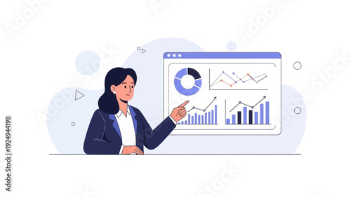 Businesswoman analyzing financial charts on digital dashboard, data visualization