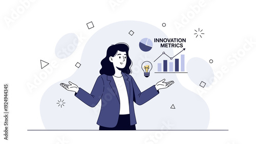 Businesswoman analyzing innovation metrics with charts and lightbulb idea