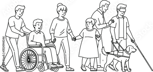 Vintage black and white illustration of a family portrait with musical instruments and pets