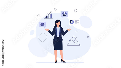 Businesswoman juggling data, charts, and strategy for success