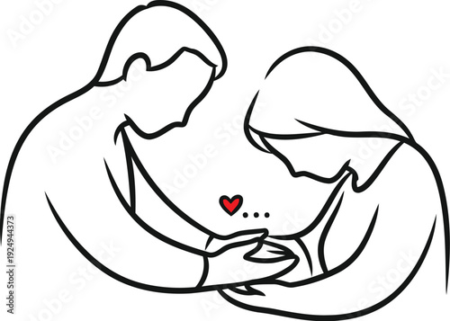 A heartwarming illustration of a couple embracing their baby in a tender moment.