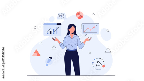 Businesswoman juggling data charts and analytics, multitasking strategy