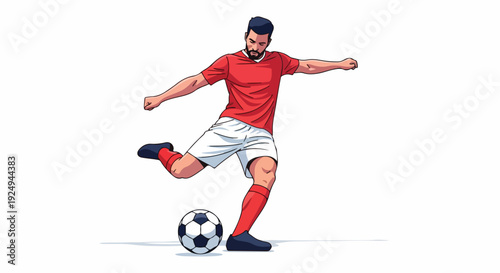 Illustration of a soccer player kicking a ball with one leg raised and arms outstretched in a dynamic pose against a plain white background.