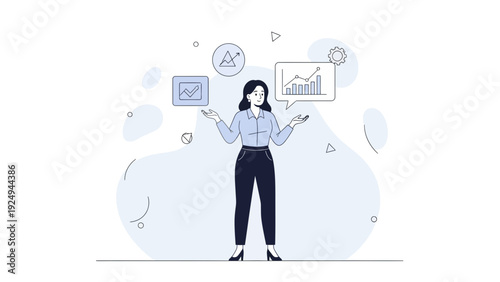 Businesswoman juggling financial data and analytics with graphs and charts