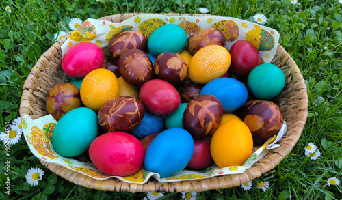 colorful died Easter eggs in the basket