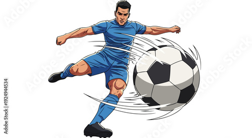 Illustration of a soccer player kicking a ball with motion lines on a white background in a dynamic action scene.