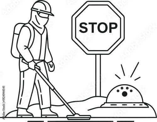 A person sweeping debris while avoiding a small creature under a stop sign.