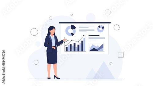 Businesswoman presenting data analysis charts on a whiteboard with graphs