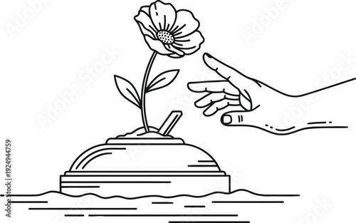 A whimsical illustration of a hand placing a flower atop a small pedestal figure