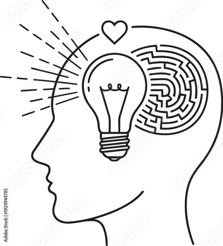 Illustration of creativity emerging from the human mind with a lightbulb symbol