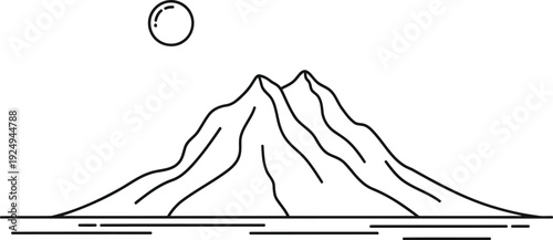 A serene depiction of a volcanic mountain beneath a crescent moon at twilight