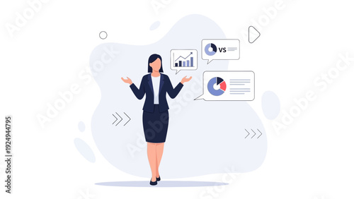 Businesswoman presenting data analytics and market research charts with vs icon