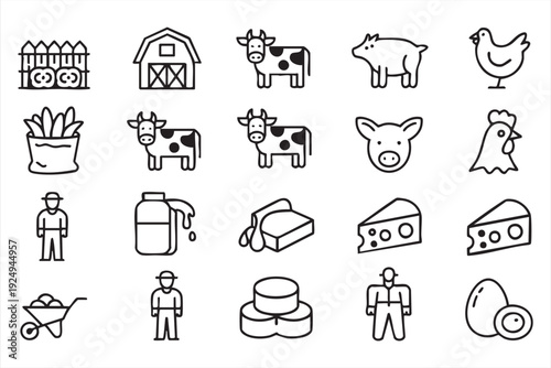 Rural farming and livestock icons for agriculture marketing and UI design