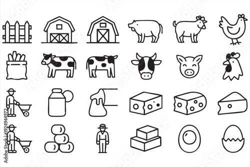 Agriculture and dairy line icons for organic farm branding and packaging
