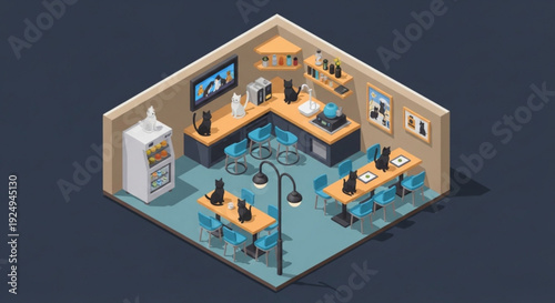 Isometric view of a modern office interior with desks computers and coworkers collaborating in a productive workspace environment