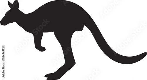 Kangaroo, a distinct black silhouette, stands gracefully on its powerful hind legs, showcasing its iconic profile and representing Australian wildlife in a simplified graphic form.