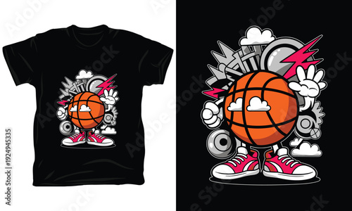 Basketball character mascot cartoon vector illustration with cool sneakers on t-shirt design