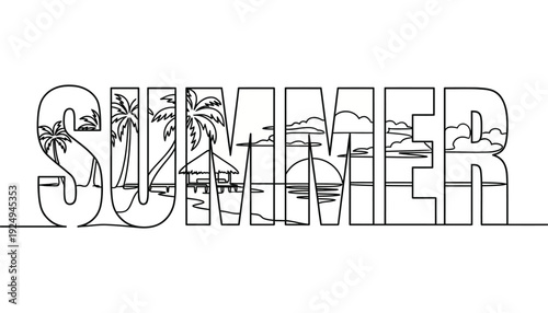 Summer Lettering with Tropical Beach Landscape. Line Drawing of Palm Trees and Sunset in Text. Seasonal Holiday Travel Branding.