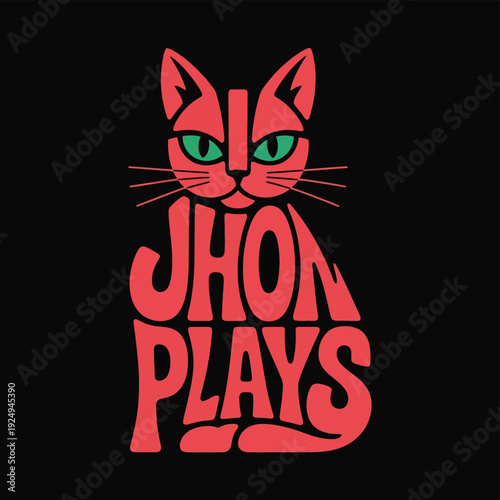 Vibrant pink cat logo with text jhon plays against a black background isolated on white background, Vector, illustration