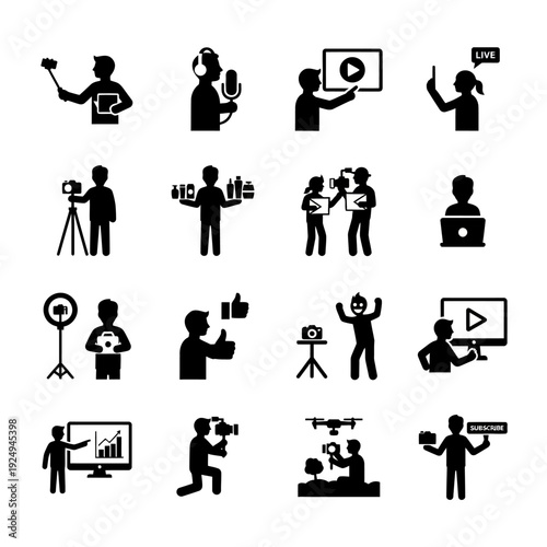 Collection of black silhouette icons illustrates various content creation activities including live streaming, vlogging, and social media broadcasting.