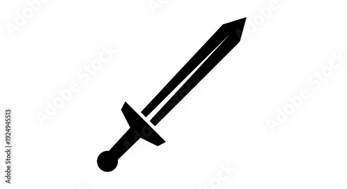 A sharp, stylized black silhouette of a straight sword with a prominent crossguard is presented vertically for combat imagery.