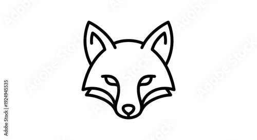 A minimalist line art drawing displays the front-facing portrait of a cunning fox head with pointed ears and sharp features on a clean white backdrop.