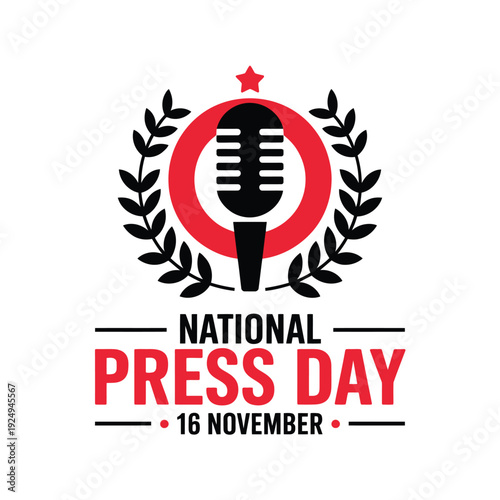 Celebration of national press day on november sixteenth with a microphone emblem isolated on white background, Vector, illustration
