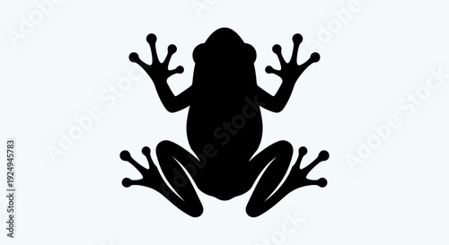 Black silhouette graphic of a small tree frog with large eyes is centered against a plain white background for design.