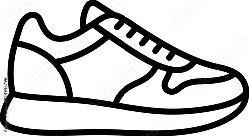 Simple black line drawing depicts a modern athletic running shoe or sneaker viewed from the side against a stark white background for design projects.