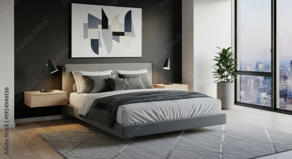 Fototapeta premium Modern Bedroom Interior Design with City View and Minimalist Art.