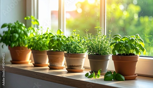 Fresh green basil and decorative herbs growing in flowerpots on a sunlit spring window sill create a lush indoor garden for home nature lovers