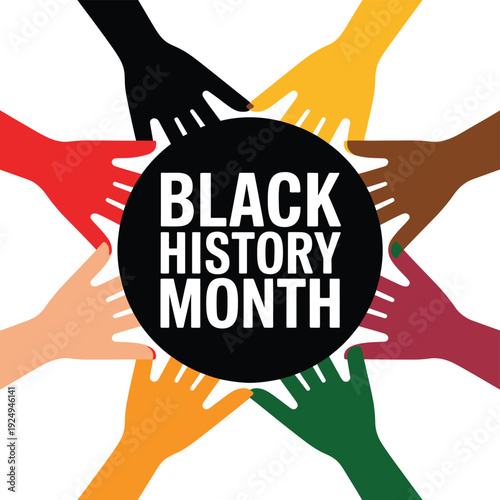 Celebrating unity and recognition during black history month with colorful hands. isolated on white background, Vector, illustration