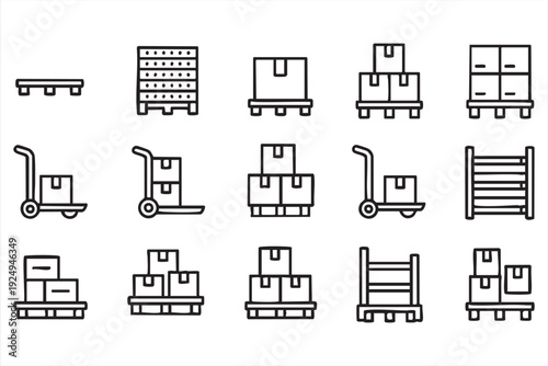 Pallet and Box Handling Outline Icons for Warehouse Operations