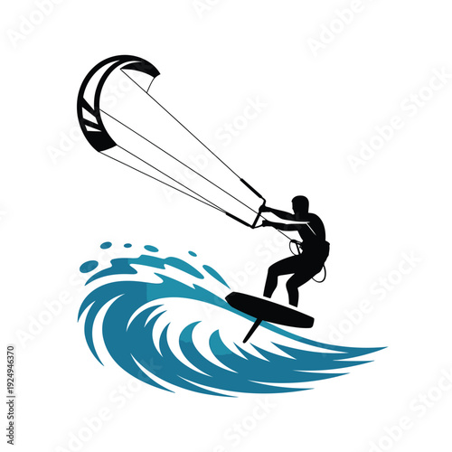 Person kiteboarding over ocean waves with a large kite in the sky isolated on white background, Vector, illustration