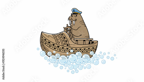 Walrus Captain Steering a Decorated Boat on Water.