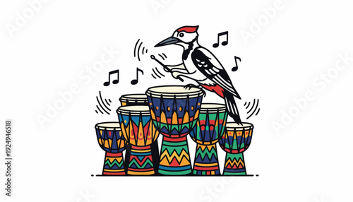 Woodpecker Playing African Drums with Musical Notes.