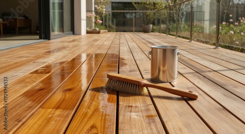 Close up of professional wood staining process on outdoor timber terrace with oil brush and metal paint can.