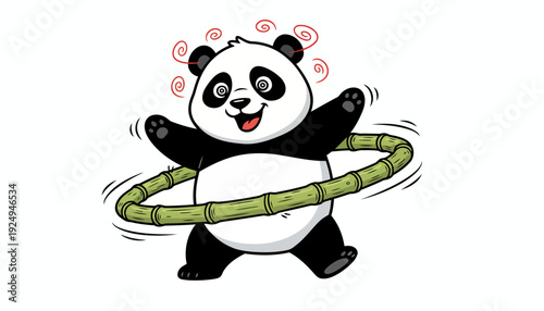 Happy Panda Playing Hula Hoop with Bamboo Ring, Cartoon Style.