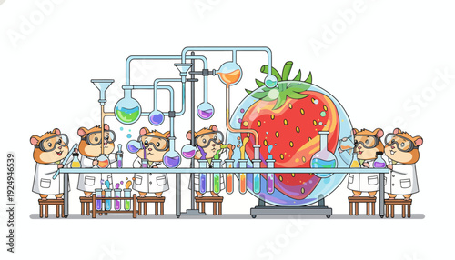 Cute Hamsters Conducting Scientific Experiments on a Giant Strawberry in Laboratory.