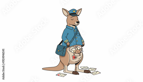 Cartoon Kangaroo Mailman Delivering Letters.