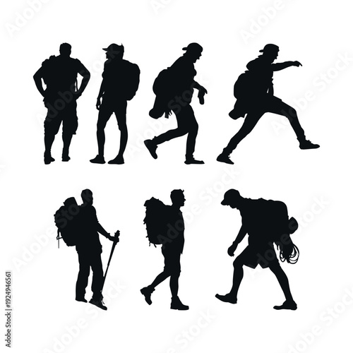 Hiker with backpack climbing steep trail black white silhouette illustration