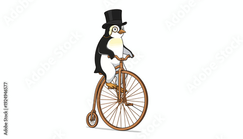 Penguin riding a vintage penny-farthing bicycle with a top hat.