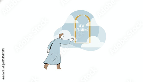 Man Reaching Towards Heavenly Gates in Clouds Spiritual Journey.