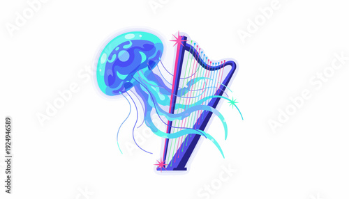 Vibrant Blue Jellyfish and Elegant Harp Illustration.