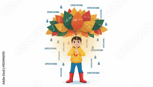 Young boy standing under umbrella made of colorful autumn leaves protection concept.